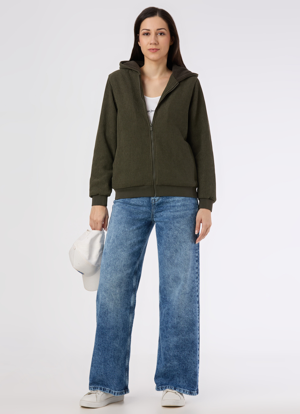 Women Olive Green Textured Hooded Zip Up Jacket, , large image number 4