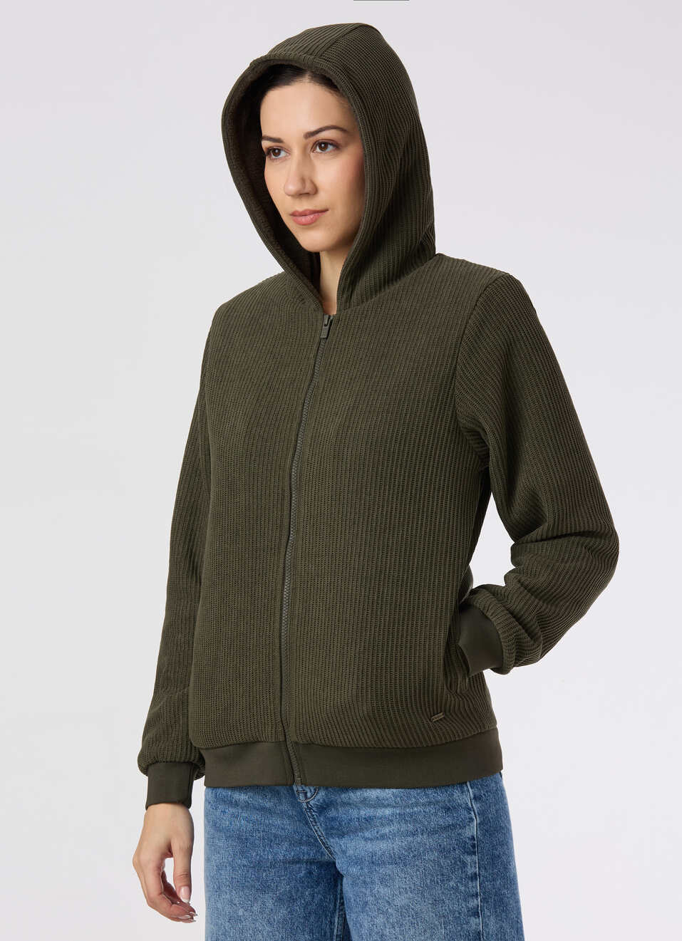 Women Olive Green Textured Hooded Zip Up Jacket, , large image number 5