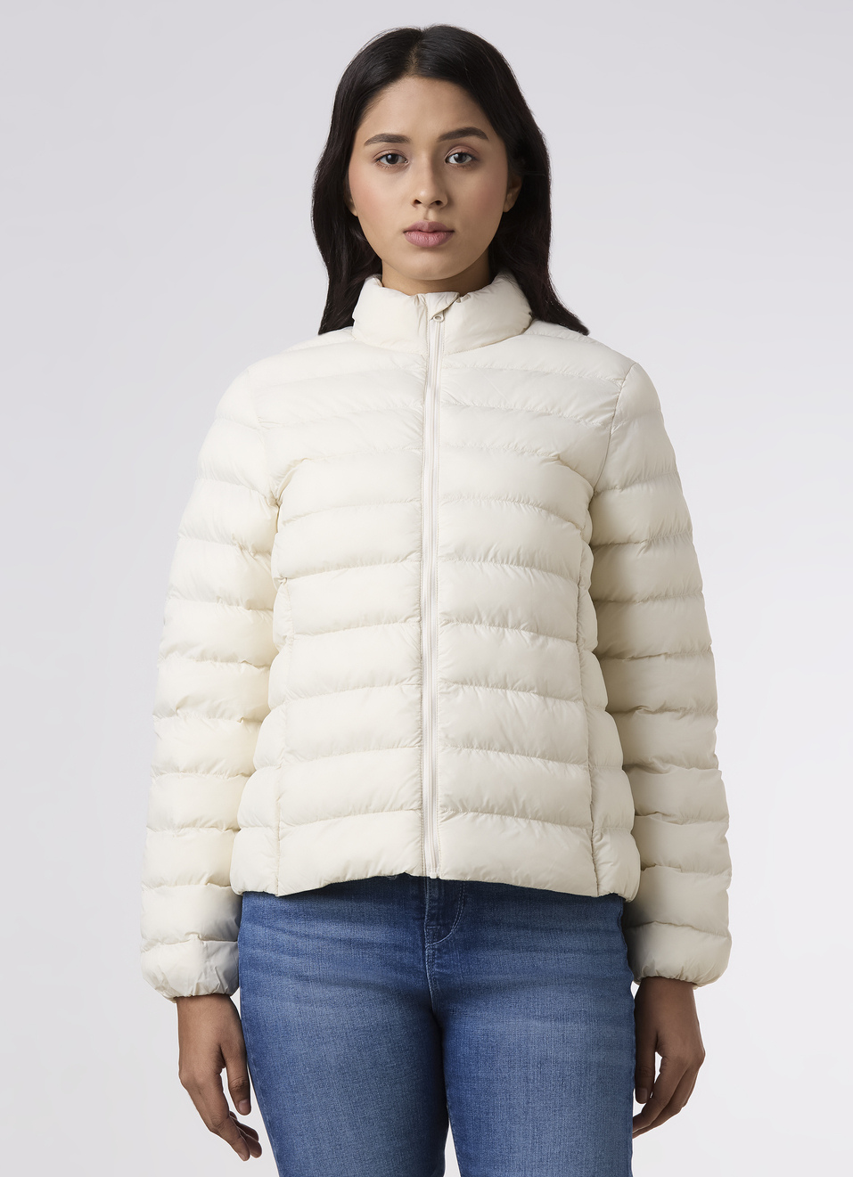 Women Off-white High Neck Quilted Pattern Puffer Jacket, , large image number 1