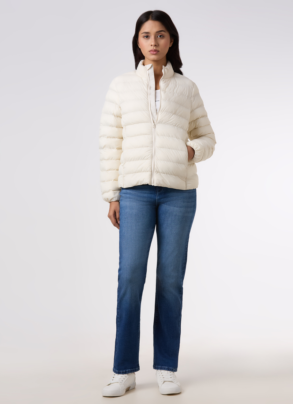 Women Off-white High Neck Quilted Pattern Puffer Jacket, , large image number 5