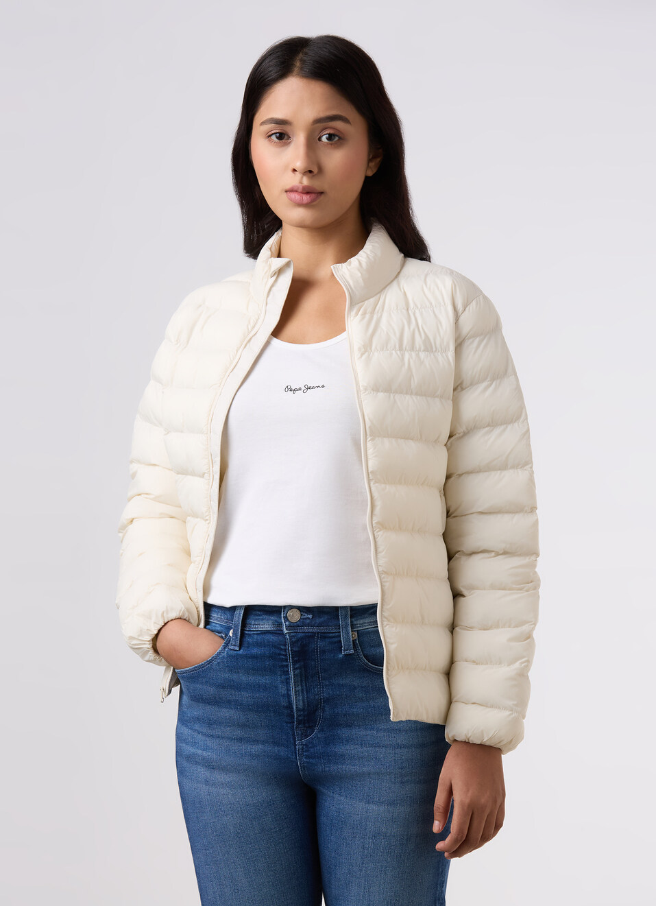 Women Off-white High Neck Quilted Pattern Puffer Jacket, , large image number 0