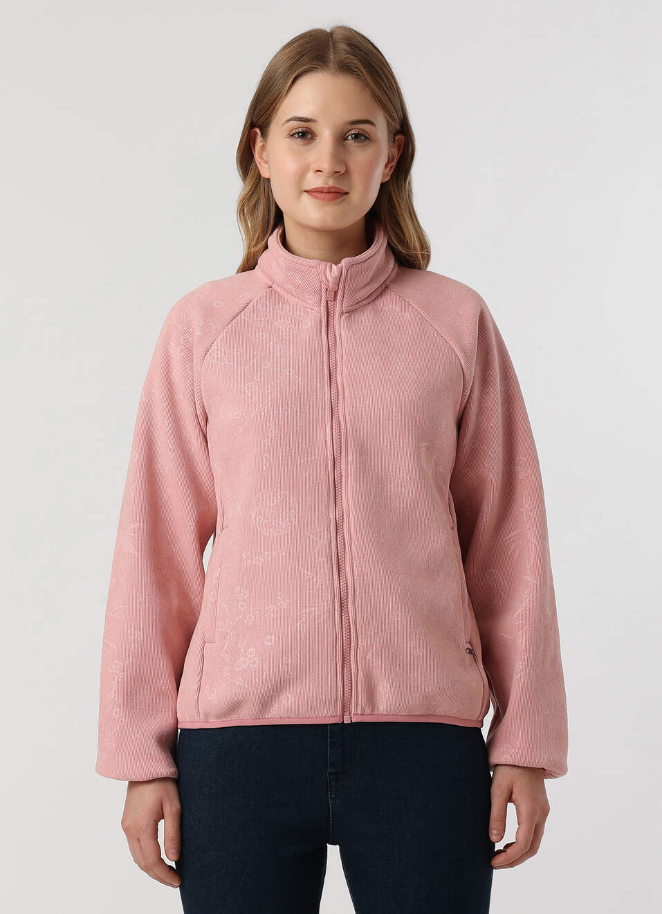 Women Pink Textured High Neck Zip Up Jacket, , large image number 1