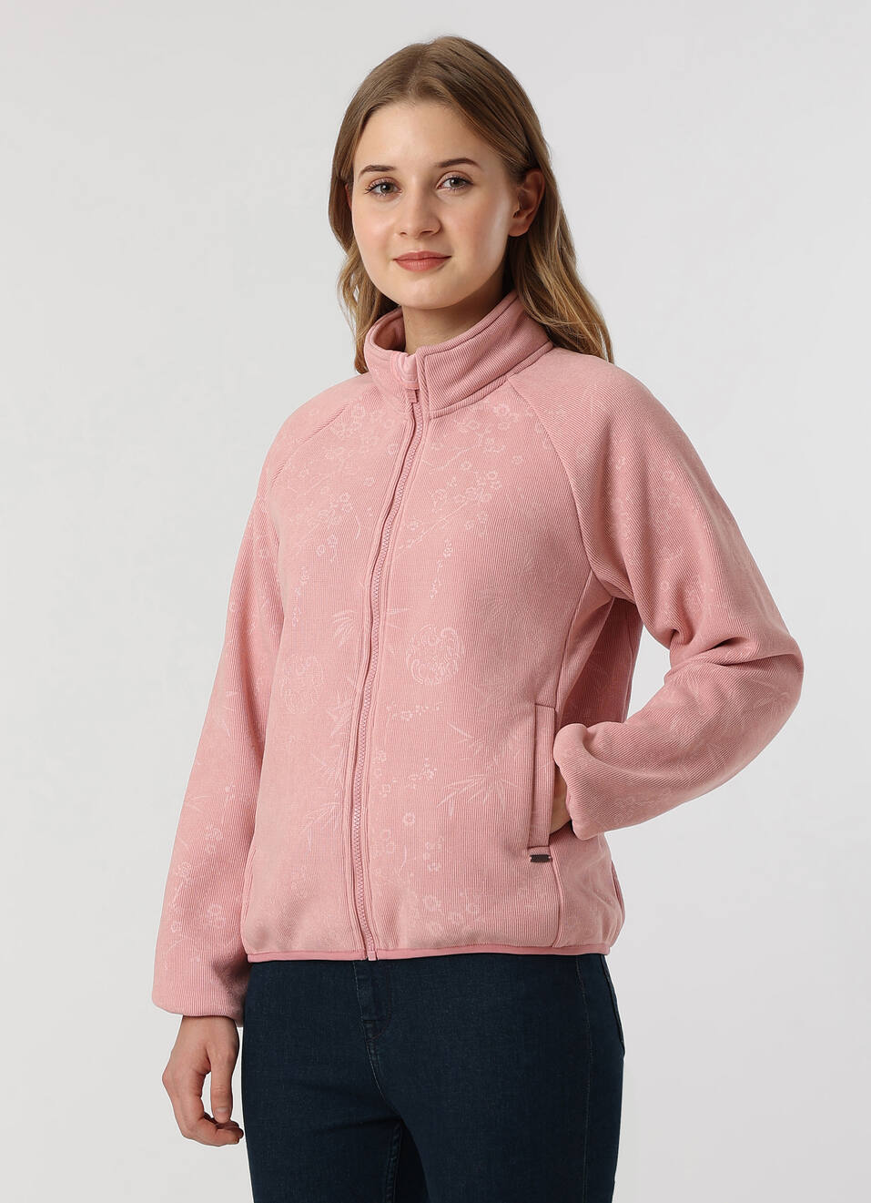 Women Pink Textured High Neck Zip Up Jacket, , large image number 3