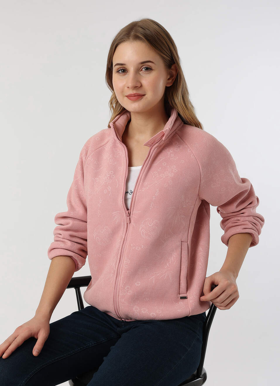 Women Pink Textured High Neck Zip Up Jacket, , large image number 0