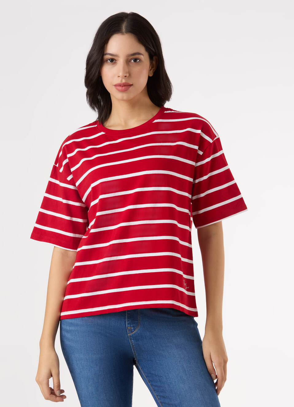Women Red Stripe Drop Shoulder Comfort Short Sleeve T-shirt, , large image number 1