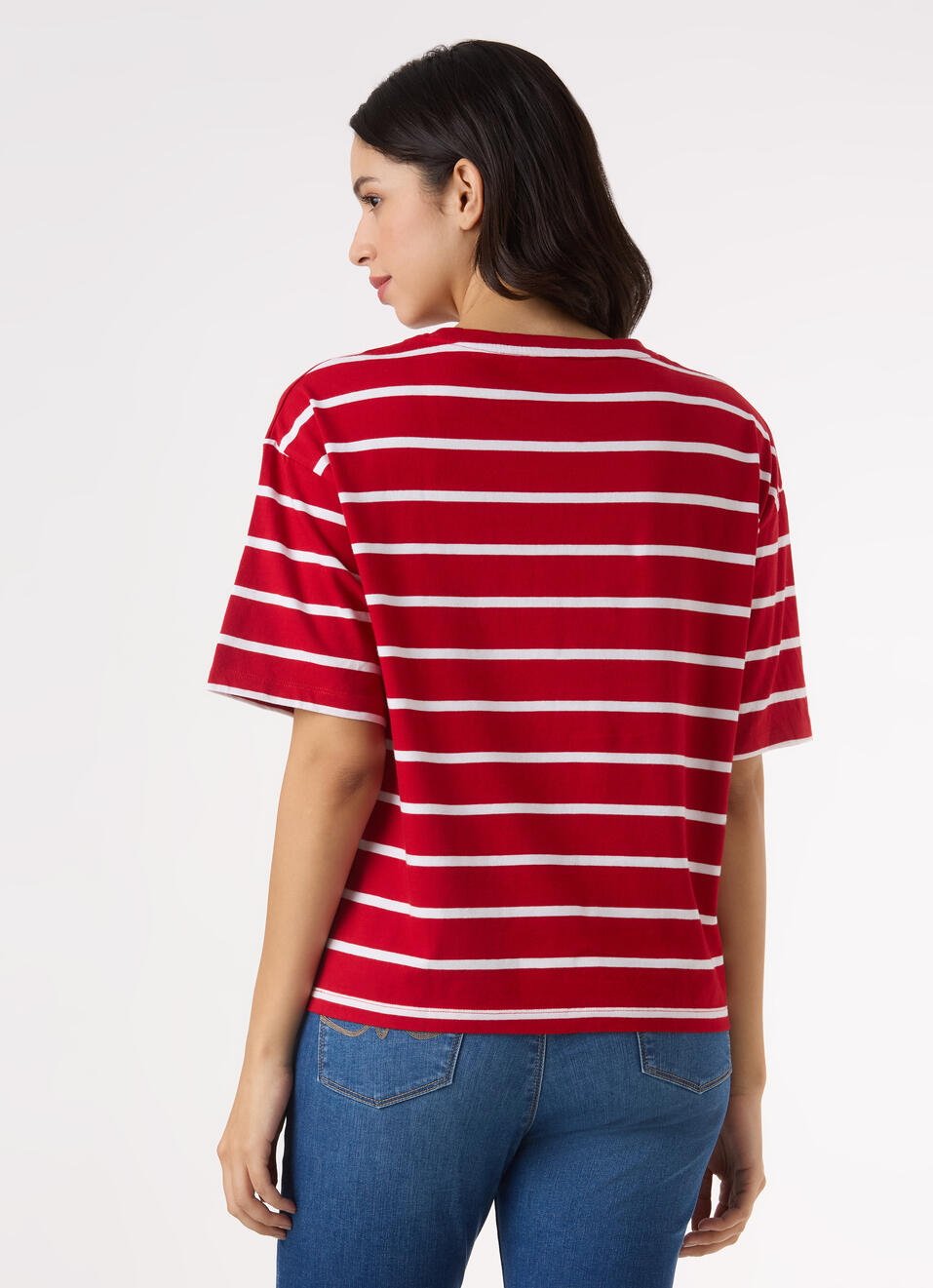 Women Red Stripe Drop Shoulder Comfort Short Sleeve T-shirt, , large image number 2