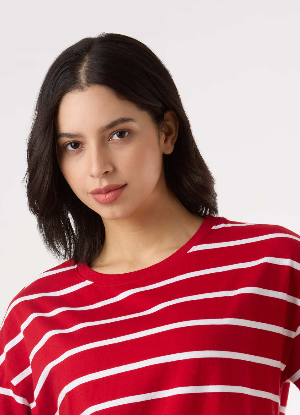 Women Red Stripe Drop Shoulder Comfort Short Sleeve T-shirt, , large image number 4