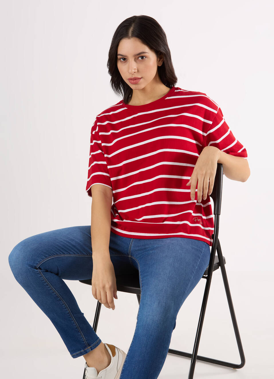 Women Red Stripe Drop Shoulder Comfort Short Sleeve T-shirt, , large image number 0