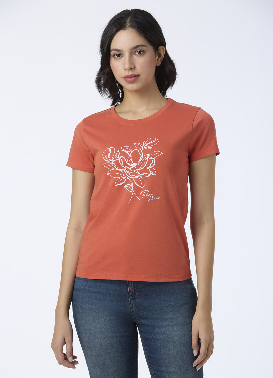 Women Rust Orange Floral Line Art T-shirt, , large image number 1