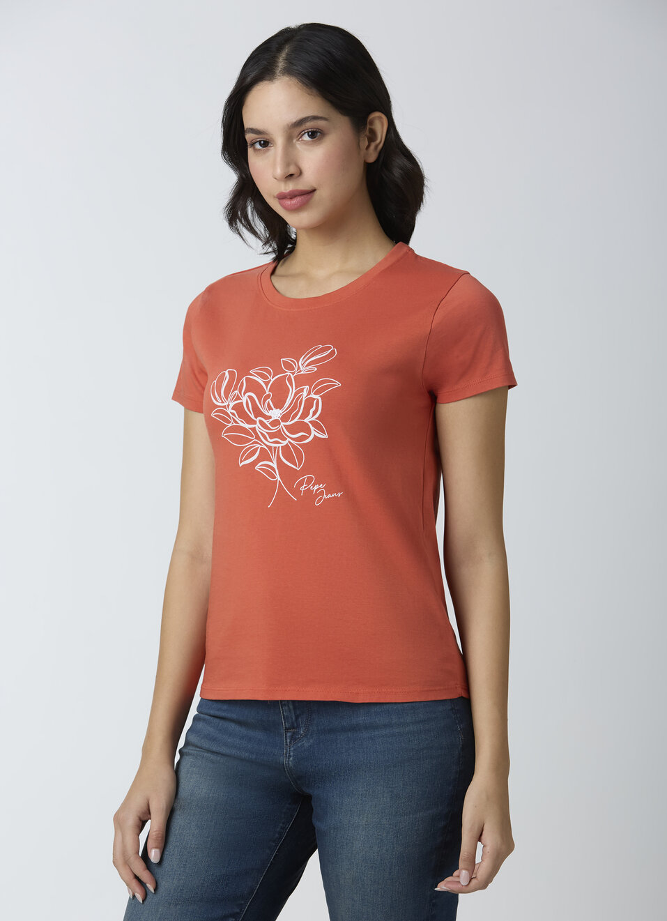 Women Rust Orange Floral Line Art T-shirt, , large image number 3