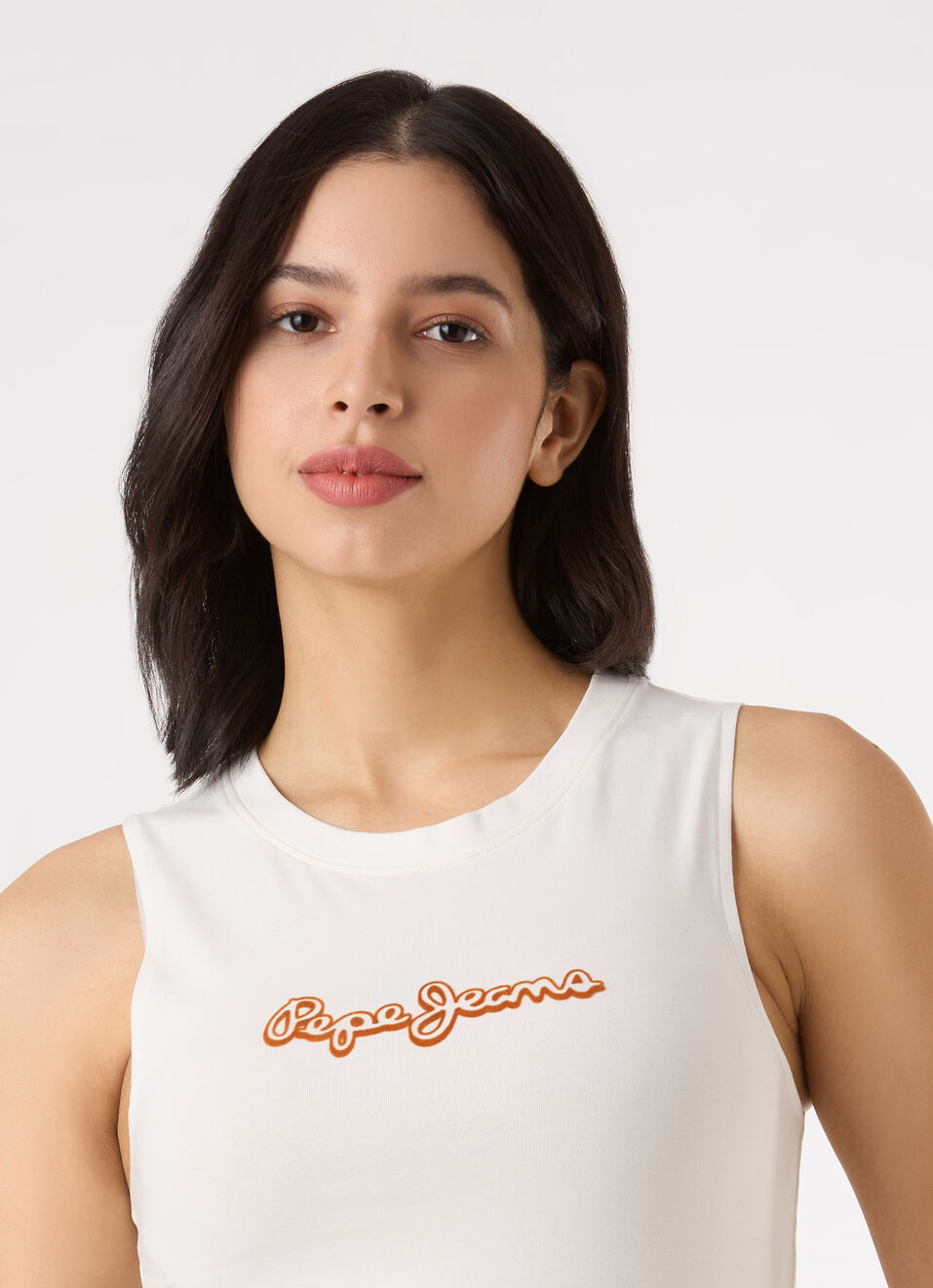 Women White Sleeveless Slim Fit Tank Top With Logo Print, , large image number 4