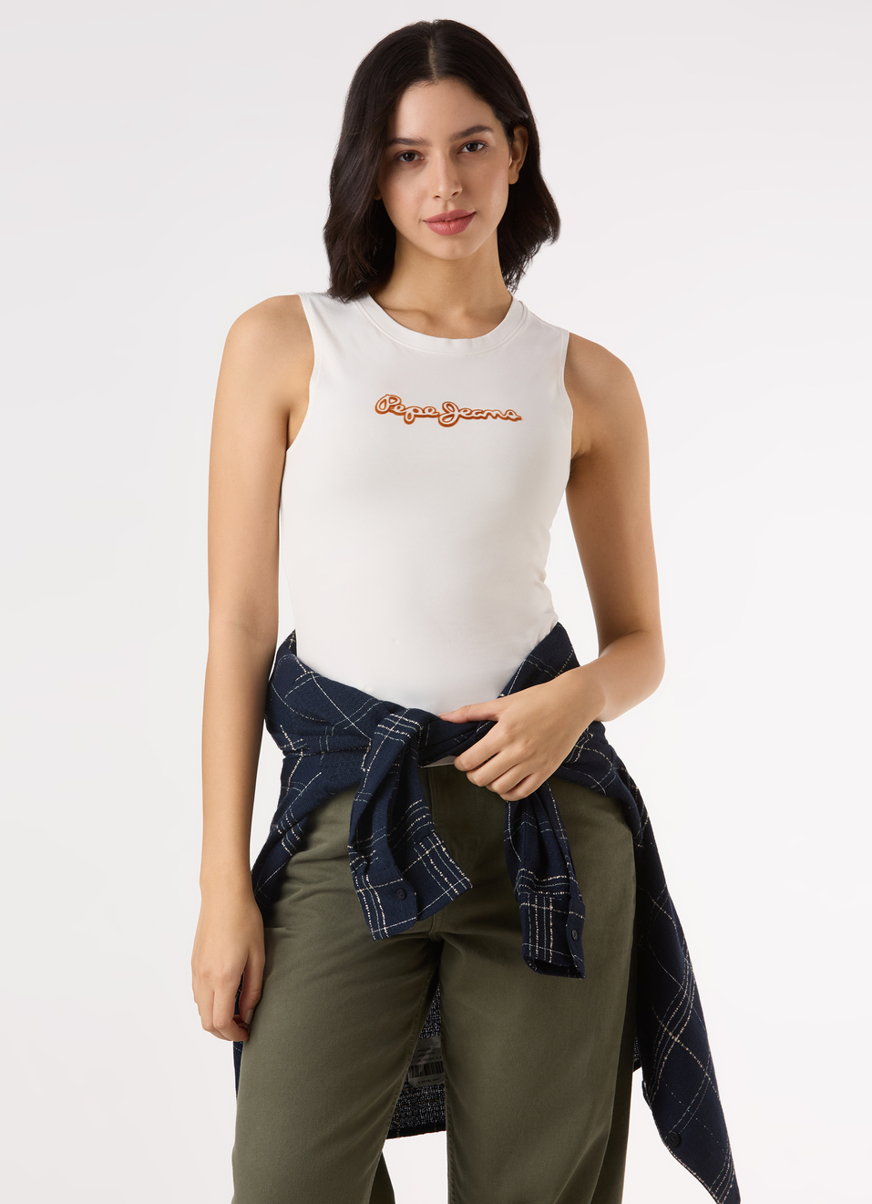 Women White Sleeveless Slim Fit Tank Top With Logo Print, , large image number 0