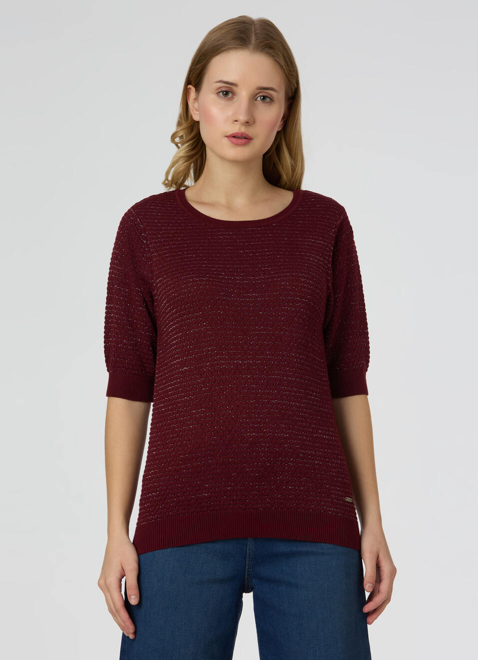 Women Red Textured Regular Fit Knit Top, , large image number 1