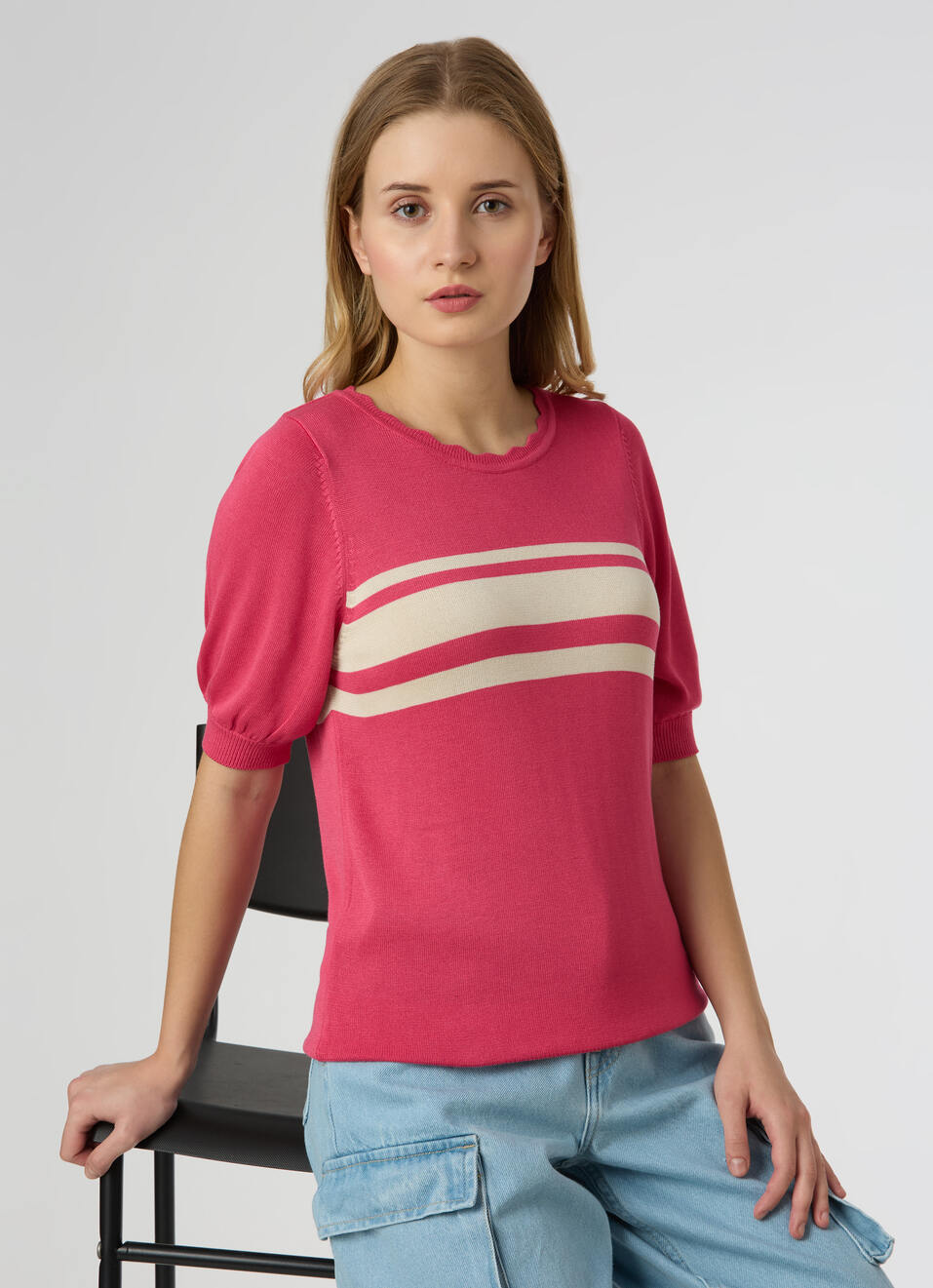 Women Pink Stripe Flat Knit Top, , large image number 0