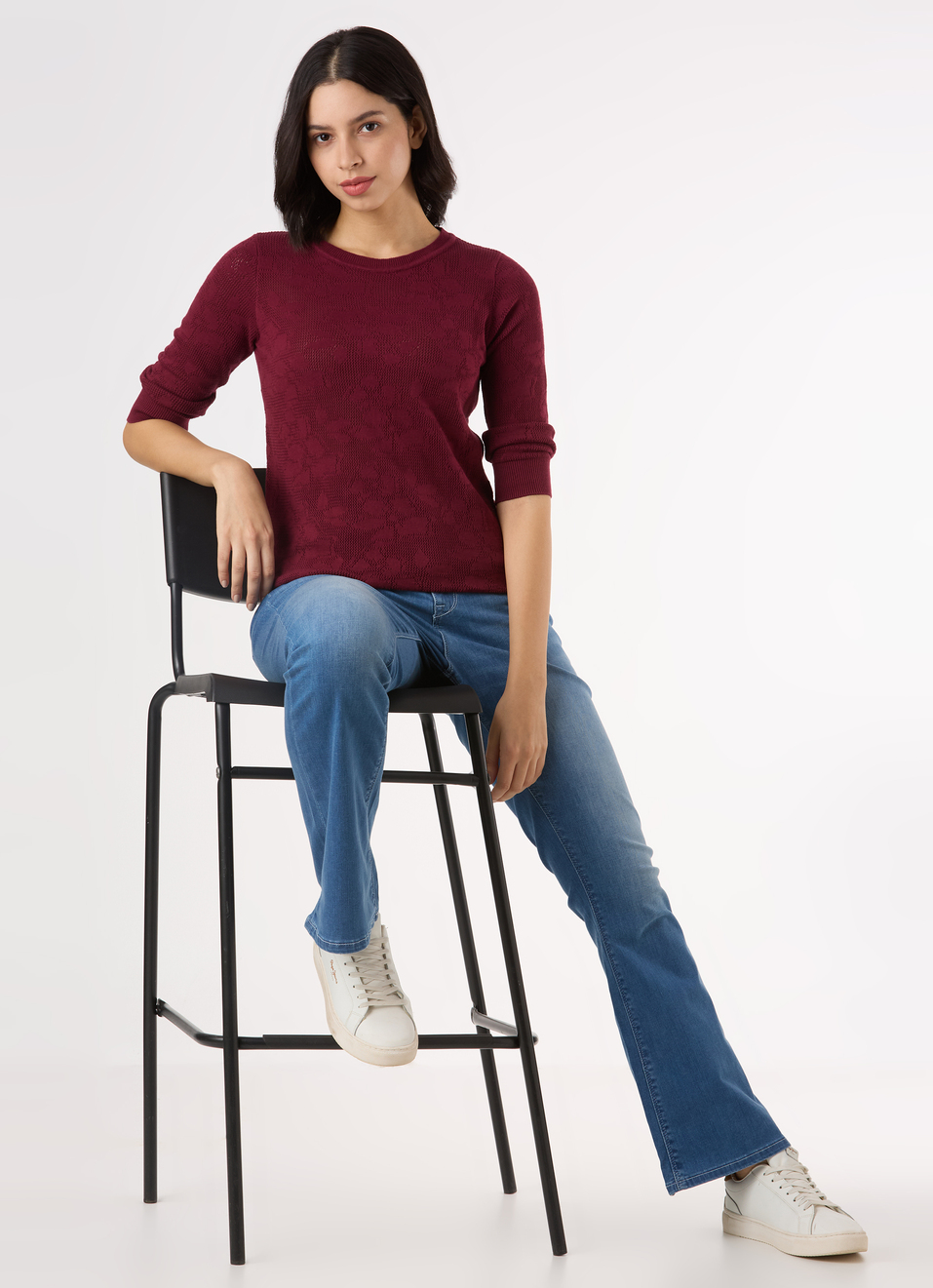 Women Red Jacquard Textured With 3/4 Sleeve Flat Knit, , large image number 5