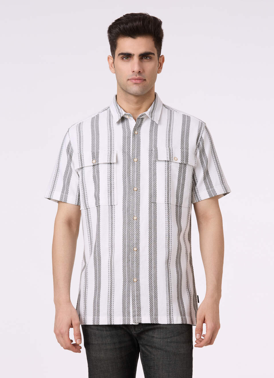 Men Olive Vertical Stripe Short Sleeve Shirt, , large image number 1