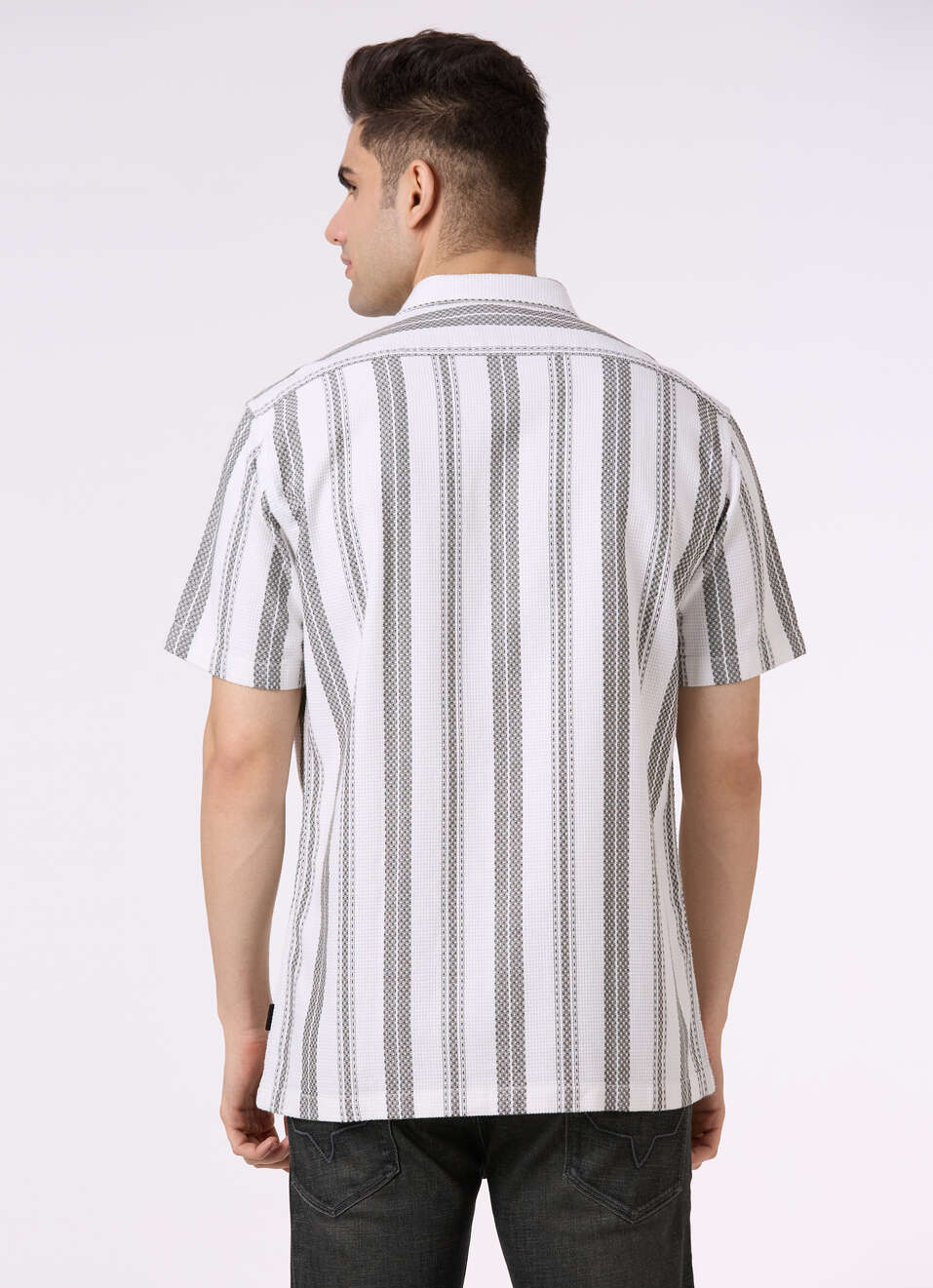 Men Olive Vertical Stripe Short Sleeve Shirt, , large image number 2