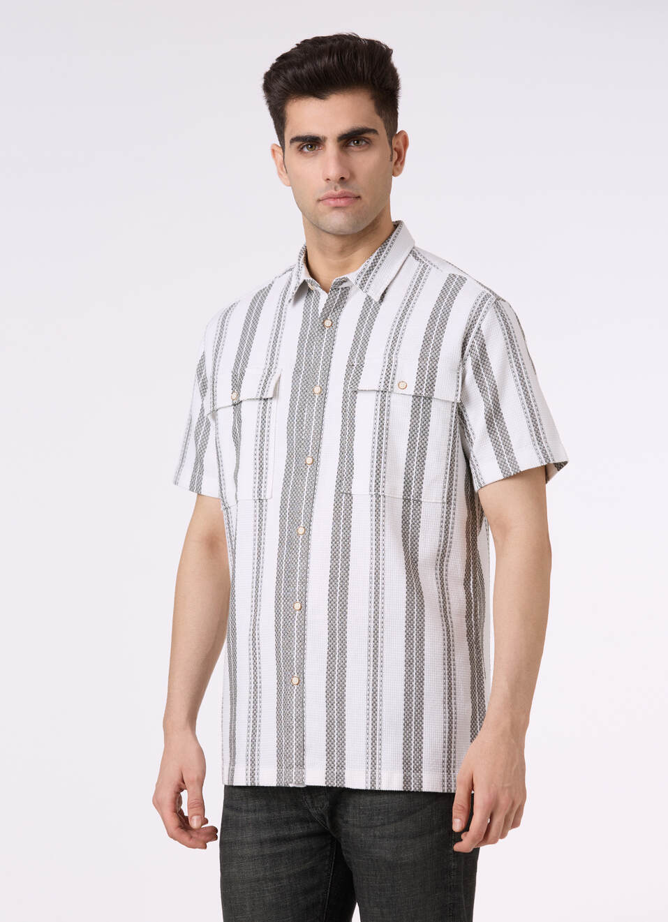 Men Olive Vertical Stripe Short Sleeve Shirt, , large image number 3