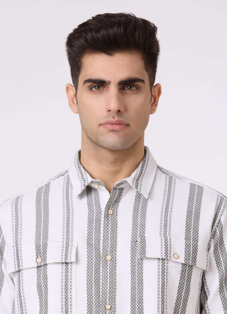 Men Olive Vertical Stripe Short Sleeve Shirt, , large image number 4