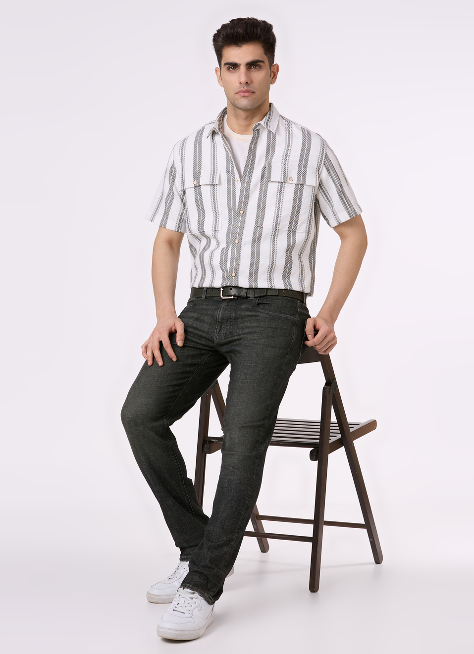 Men Olive Vertical Stripe Short Sleeve Shirt, , large image number 5