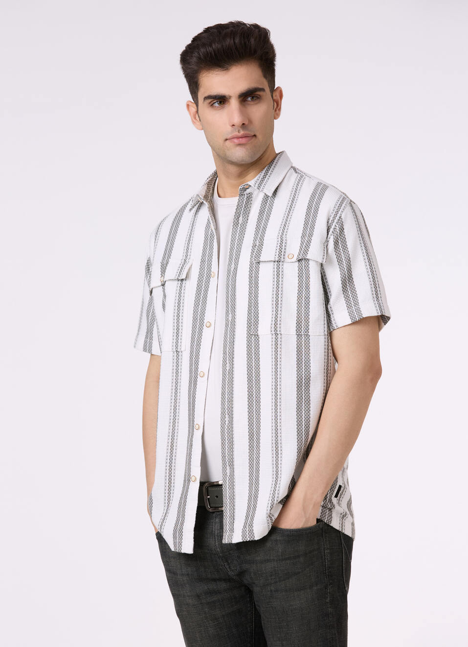 Men Olive Vertical Stripe Short Sleeve Shirt, , large image number 0