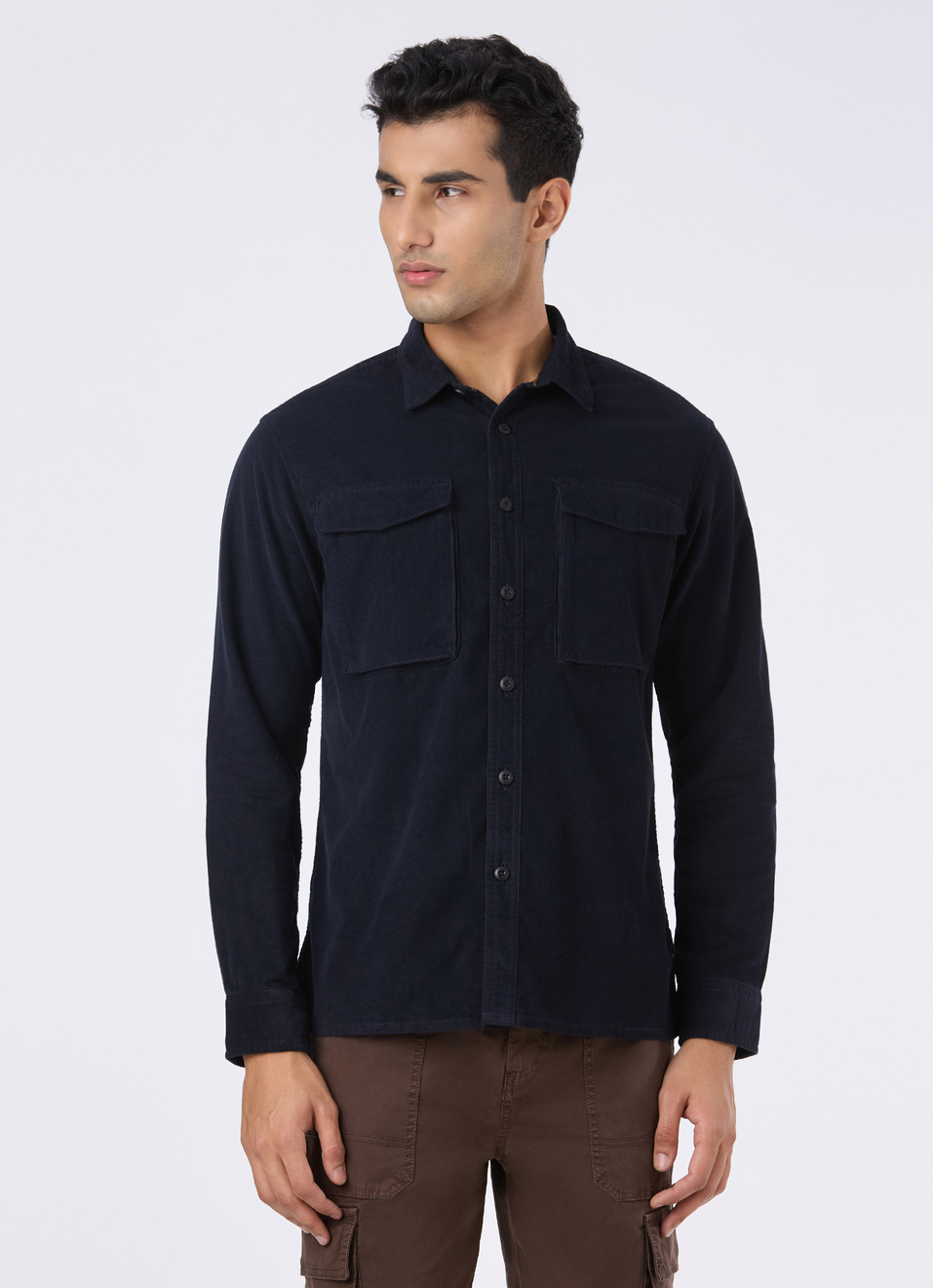 Men Navy Corduroy Flap Pocket Full Sleeve Shirt, , large image number 1