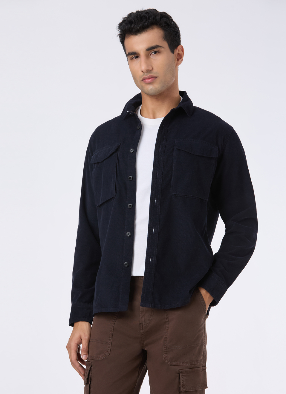 Men Navy Corduroy Flap Pocket Full Sleeve Shirt, , large image number 0