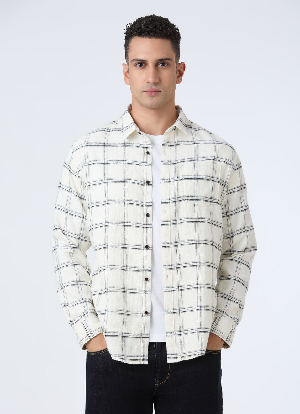Men White Check Full Sleeve Shirt, , large image number 0
