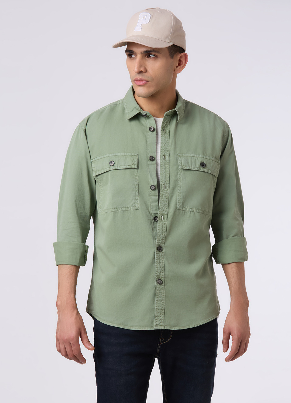 Men Olive Utility Flap Pockets Casual Shirt, , large image number 0