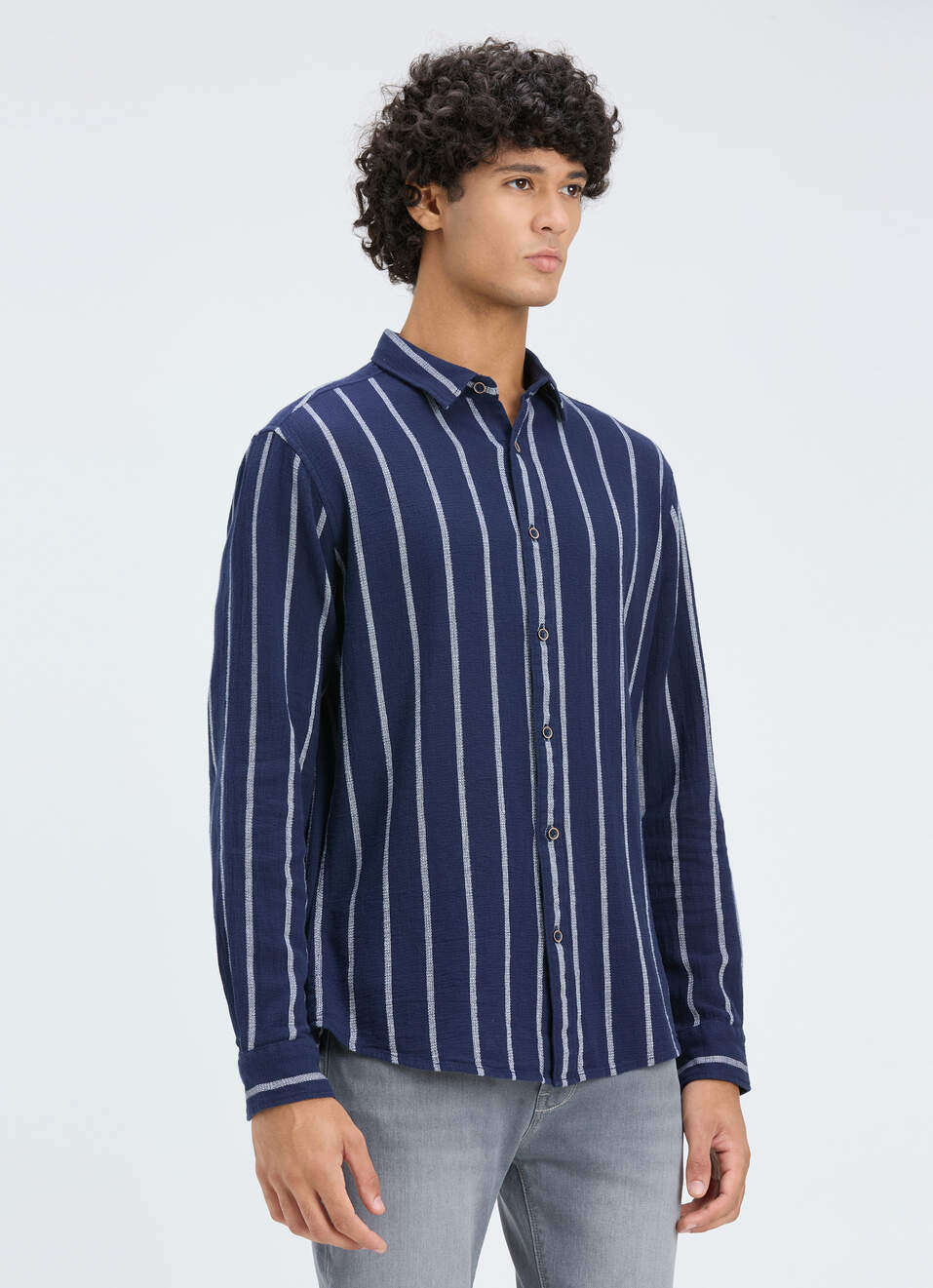 Men Navy Vertical Stripe Full Sleeve Shirt, , large image number 3