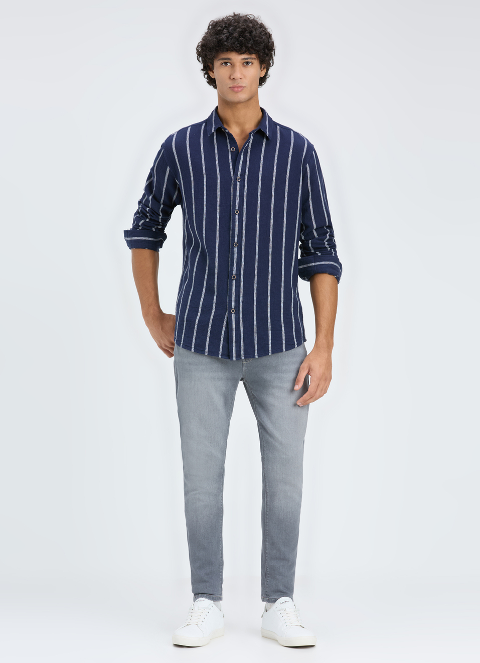 Men Navy Vertical Stripe Full Sleeve Shirt, , large image number 5