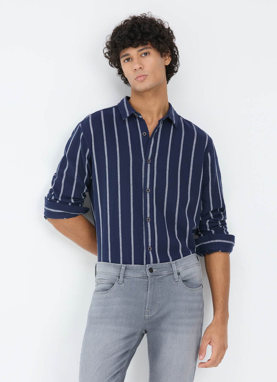 Men Navy Vertical Stripe Full Sleeve Shirt, , large image number 0