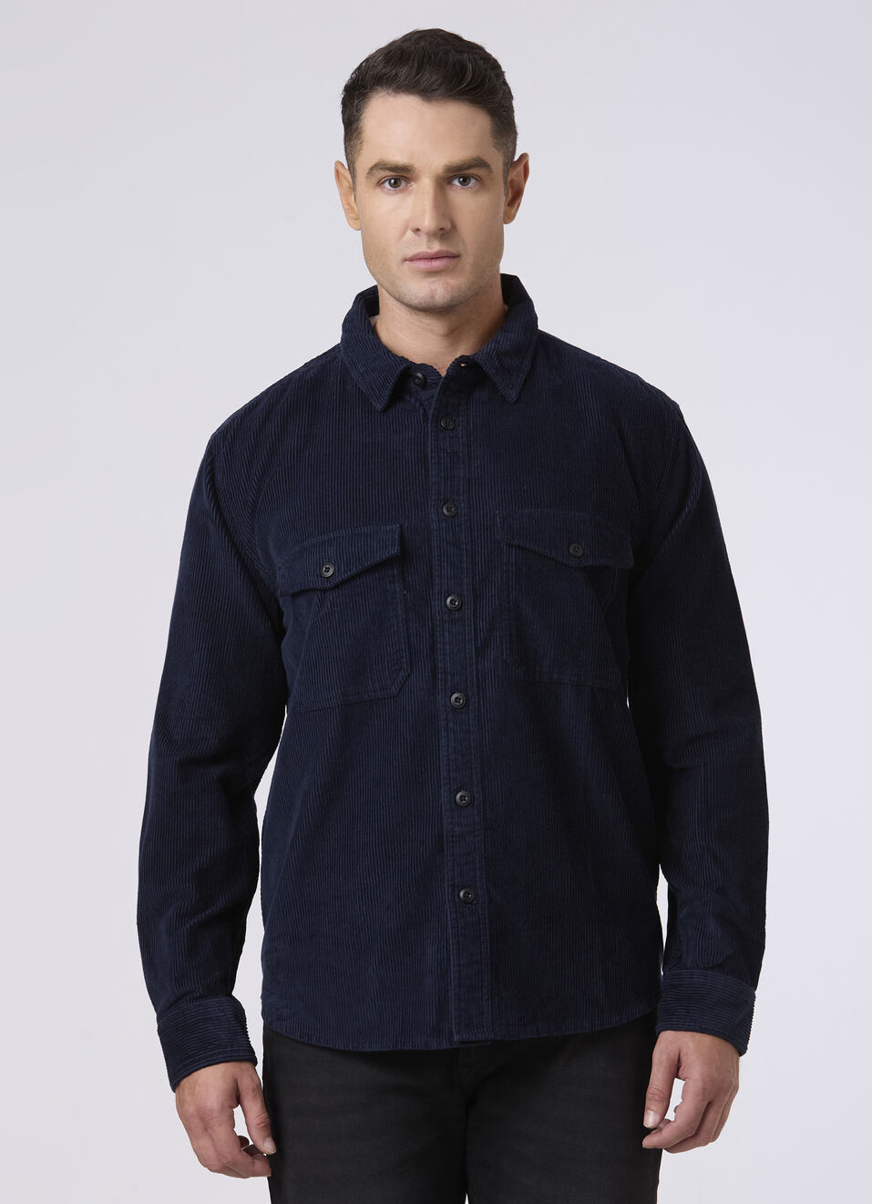 Men Grey Corduroy Oversized Shirt With Flap Pocket, , large image number 1