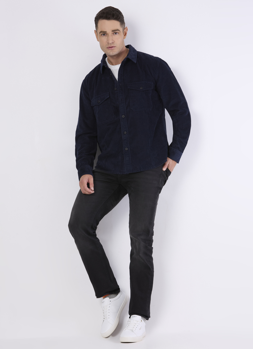 Men Grey Corduroy Oversized Shirt With Flap Pocket, , large image number 5