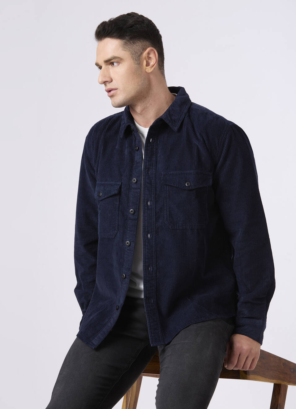 Men Grey Corduroy Oversized Shirt With Flap Pocket, , large image number 0
