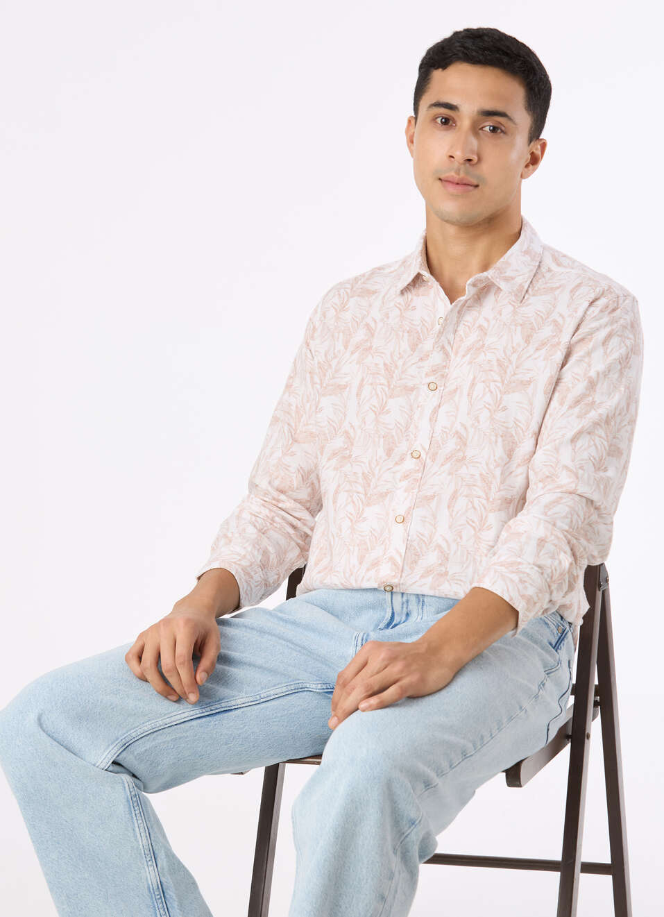 Men Peach Botanical Leaf Print Full Sleeve Shirt, , large image number 0
