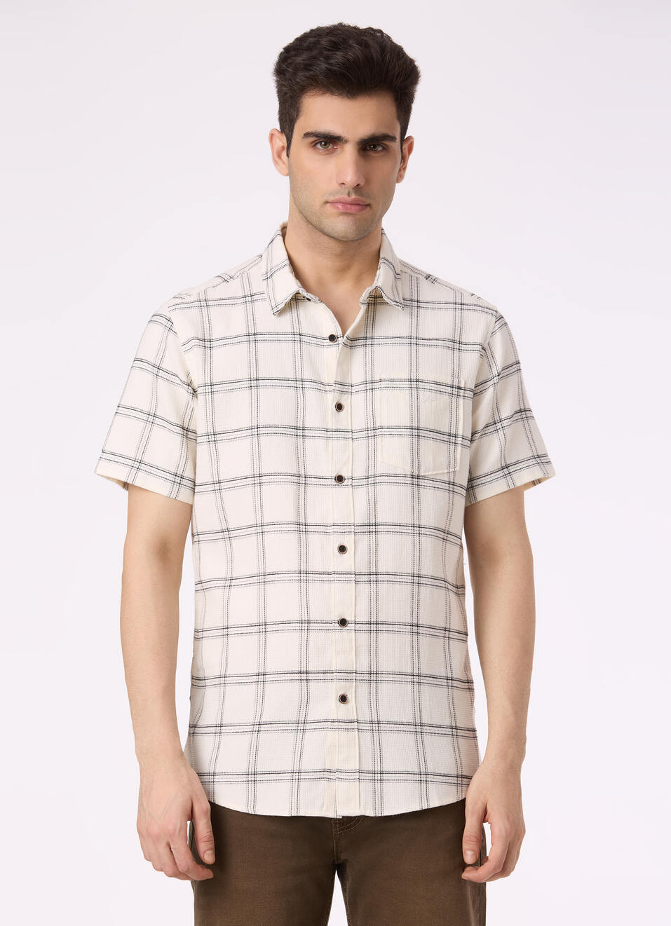 Men White Check Short Sleeve Shirt, , large image number 1