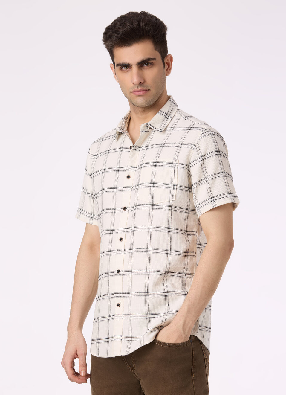 Men White Check Short Sleeve Shirt, , large image number 3