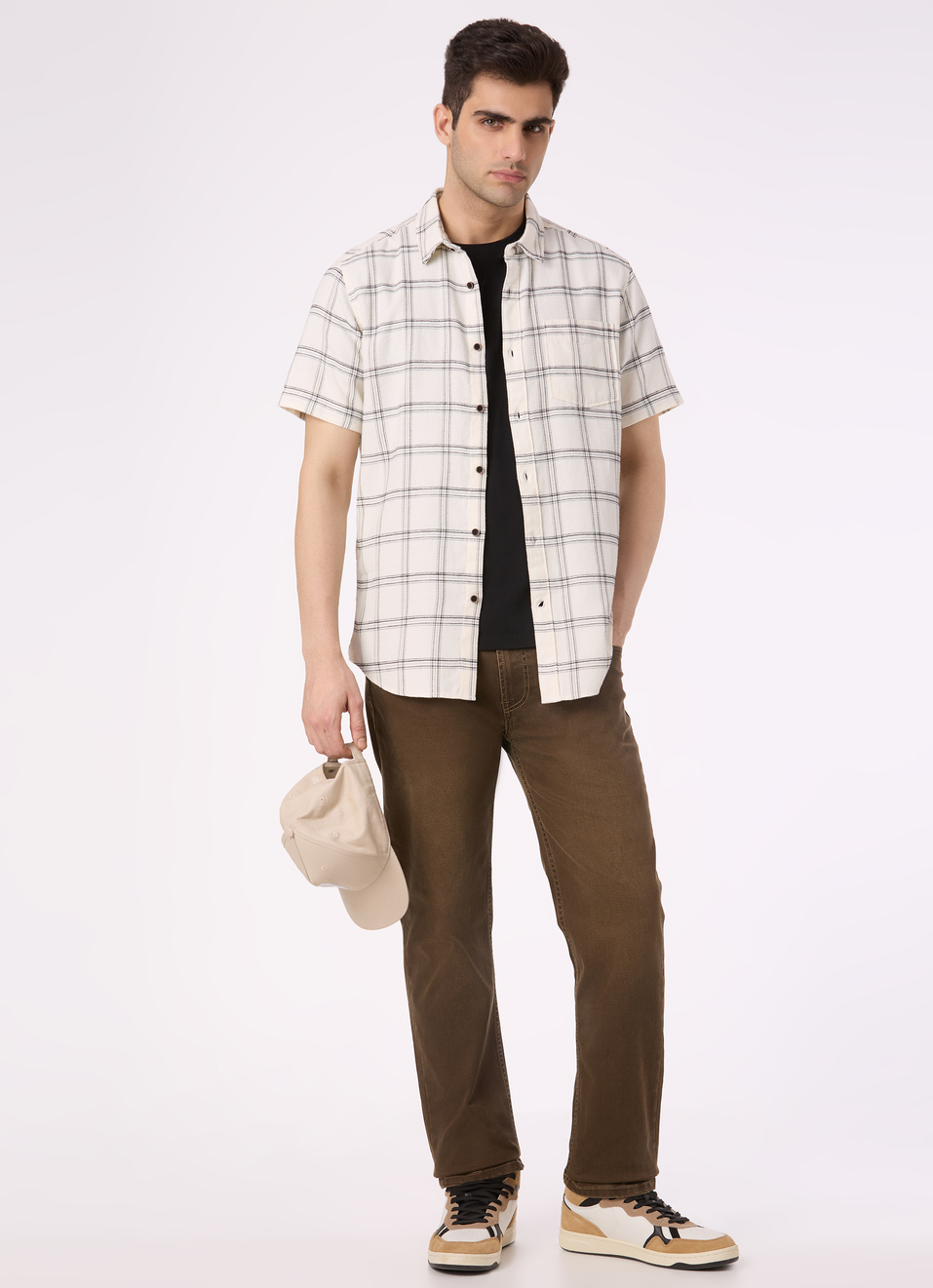 Men White Check Short Sleeve Shirt, , large image number 5