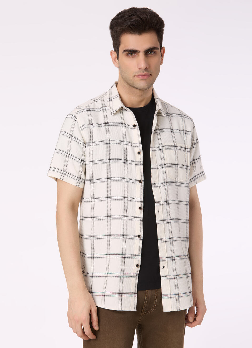 Men White Check Short Sleeve Shirt, , large image number 0