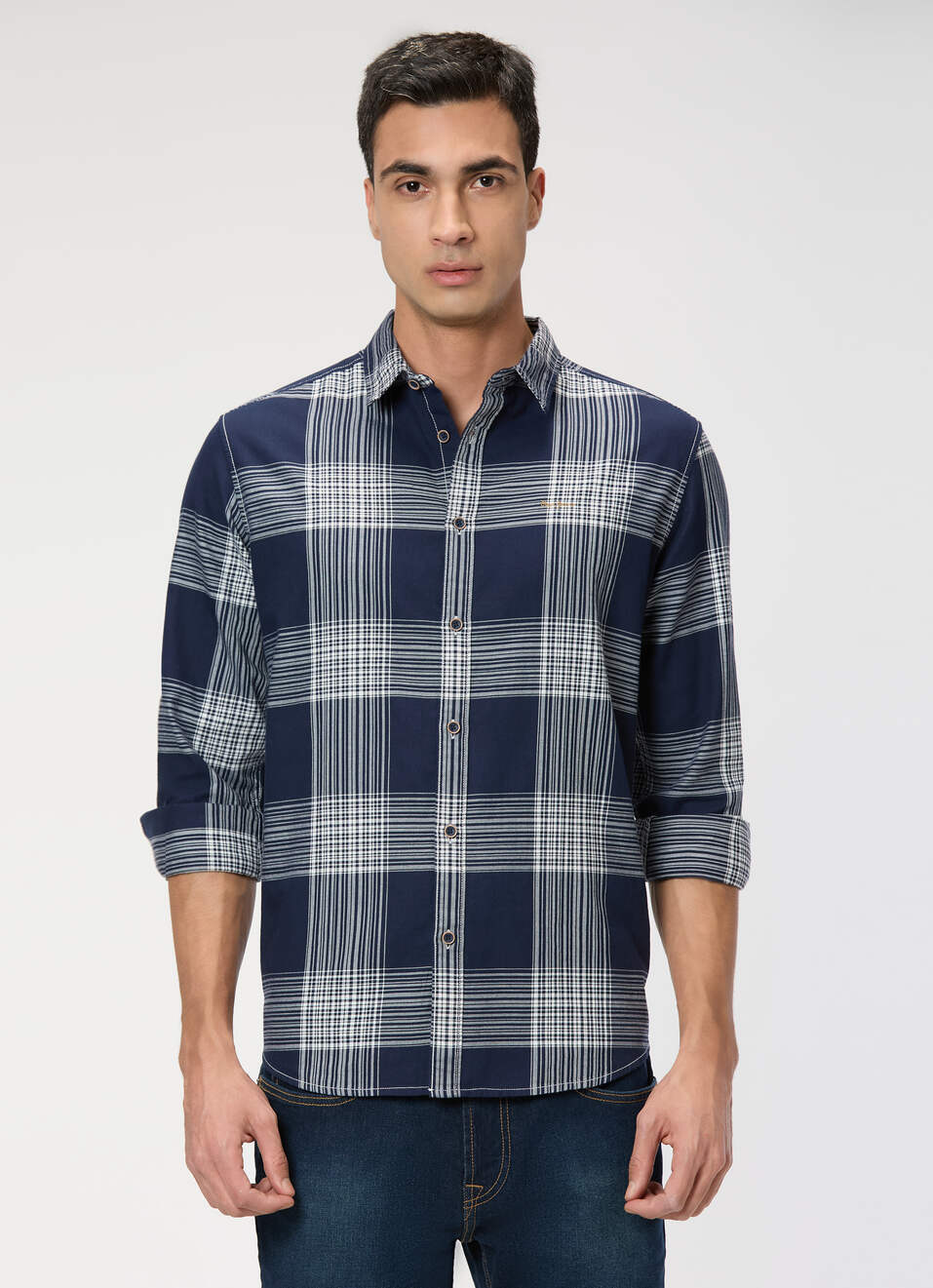 Men White Check Full Sleeve Shirt, , large image number 1