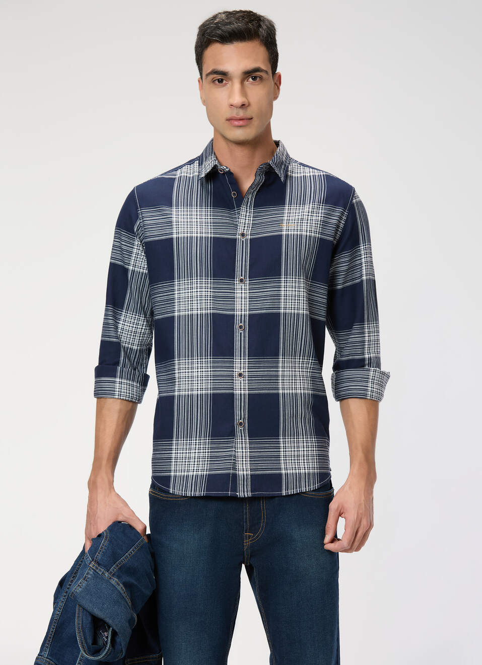 Men White Check Full Sleeve Shirt, , large image number 0
