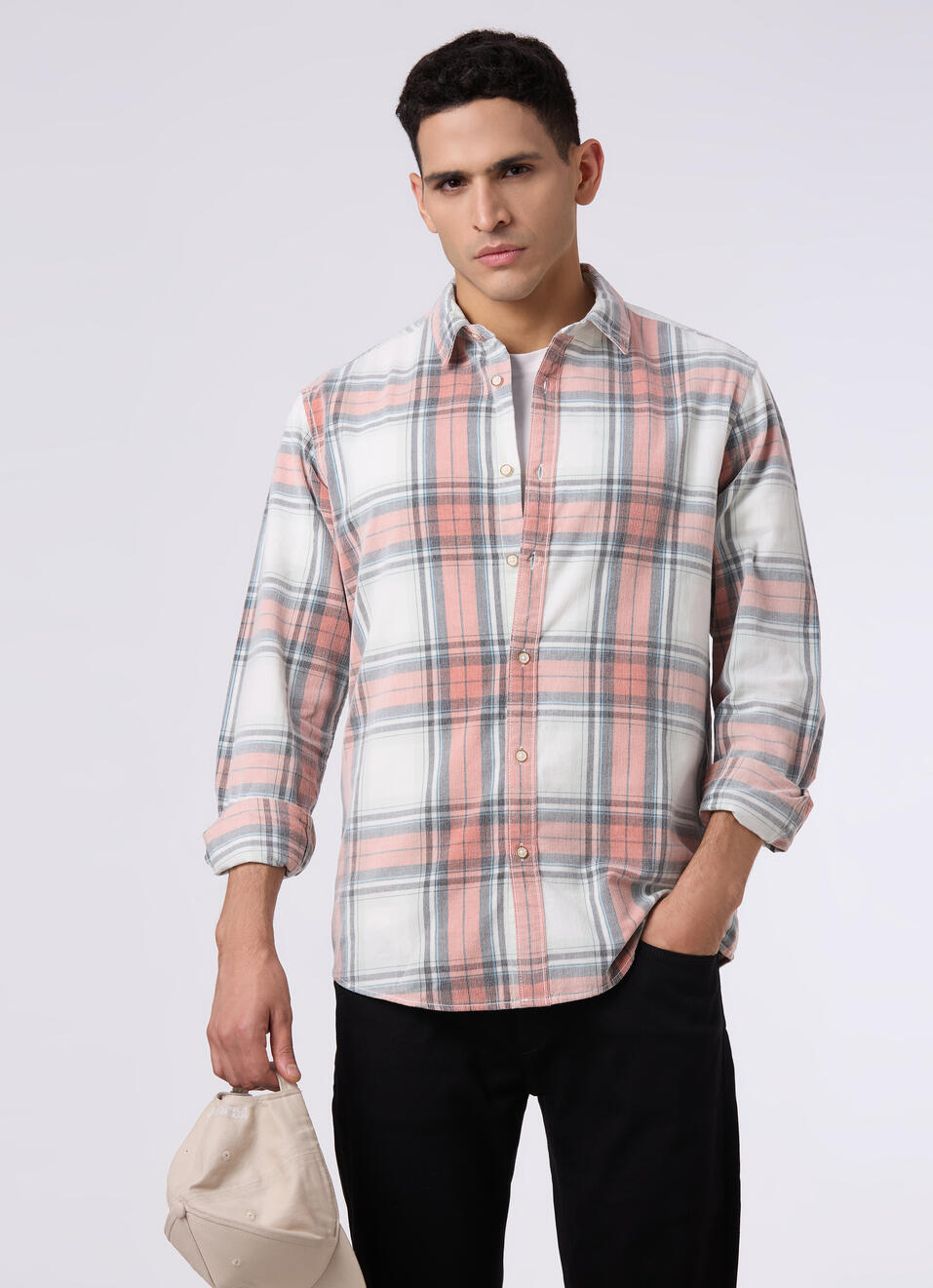 Men Peach Orange Checked Regular Fit Full Sleeve Shirt, , large image number 0