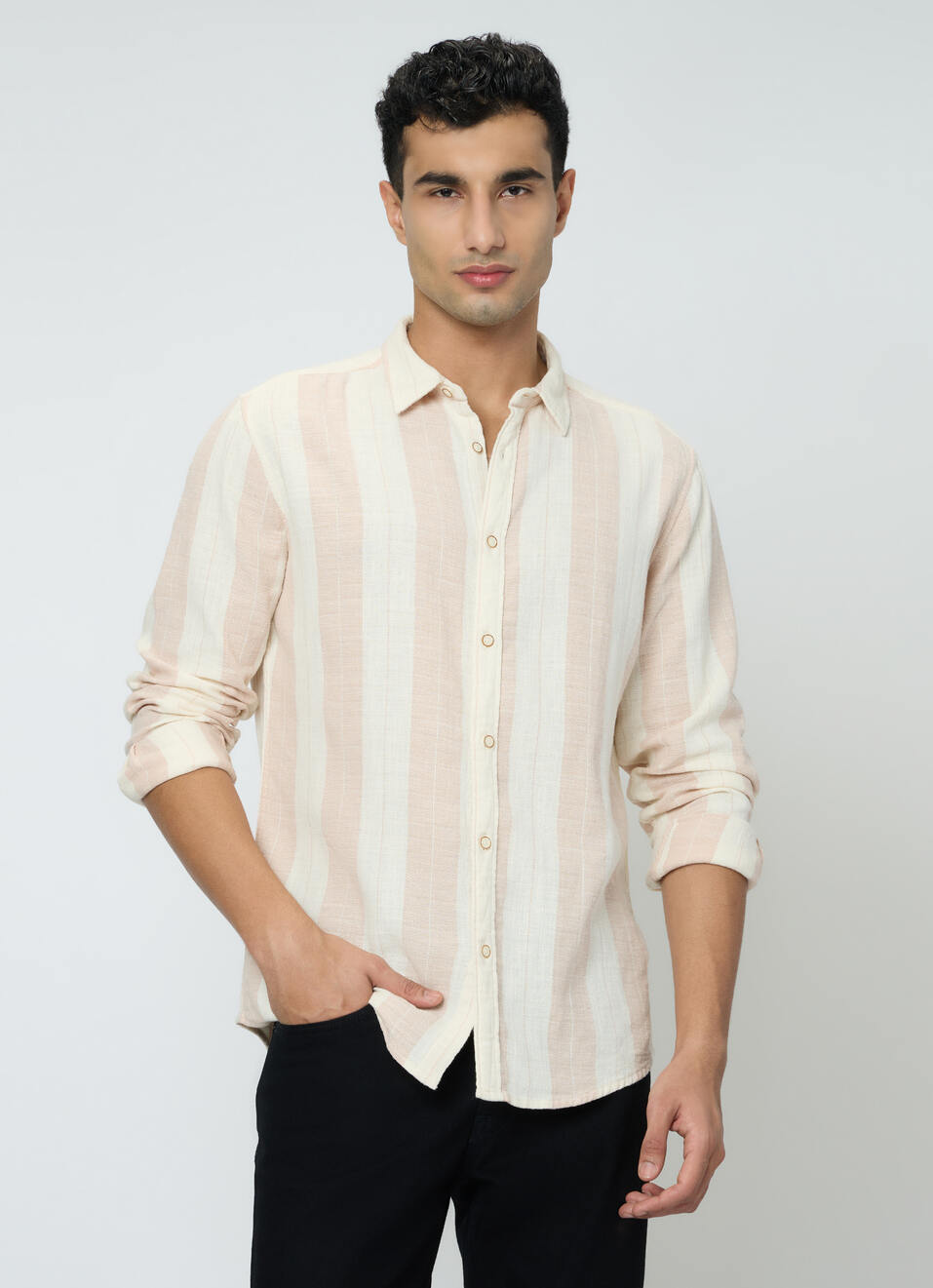 Men Peach Orange Striped Shirt, , large image number 1