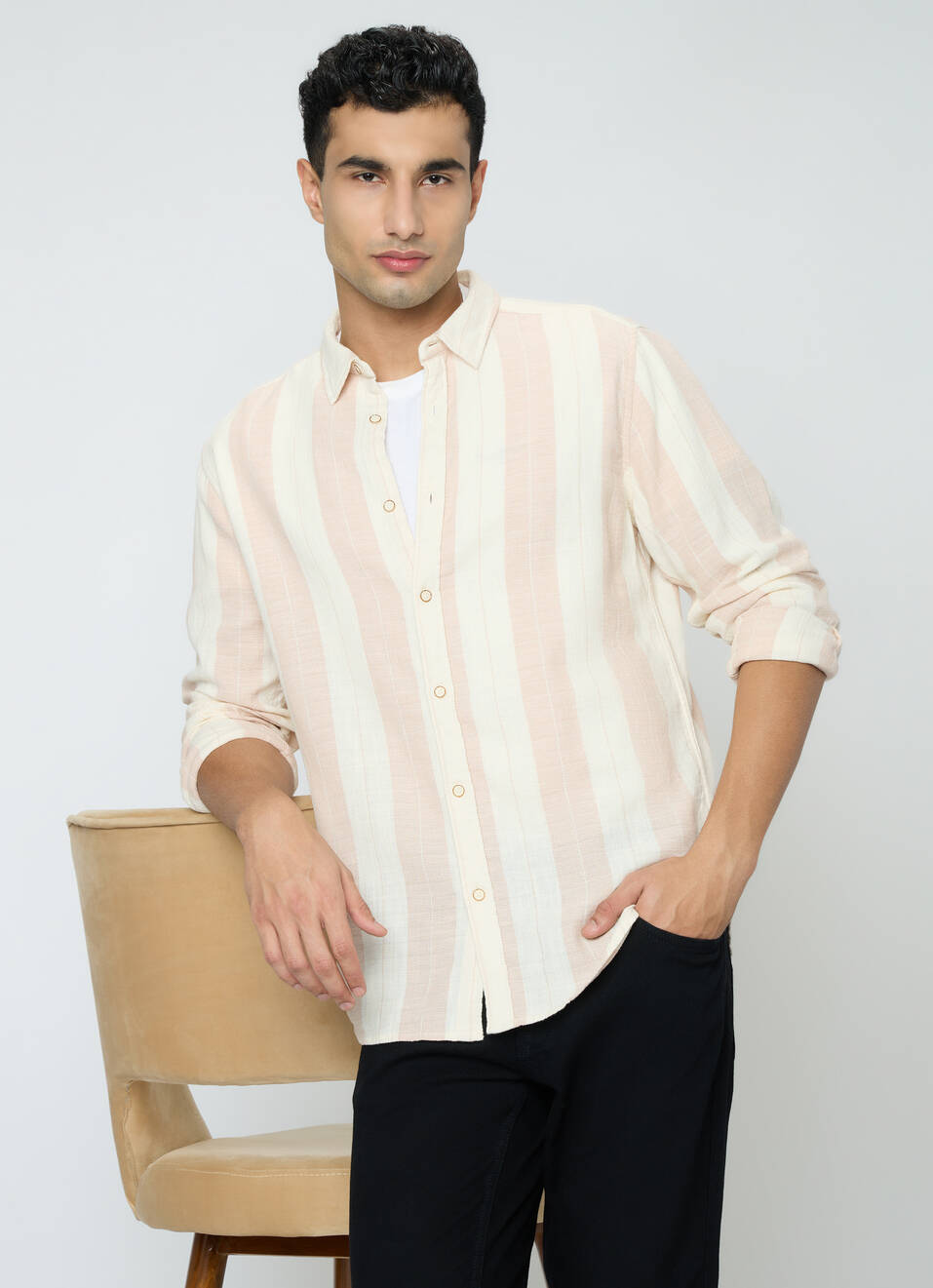 Men Peach Orange Striped Shirt, , large image number 0