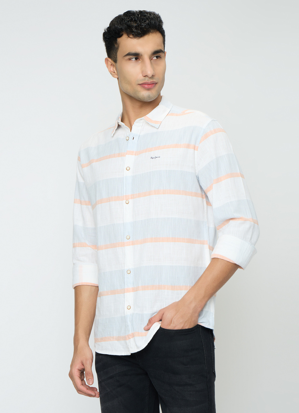 Men Sky Blue Striped Shirt, , large image number 3