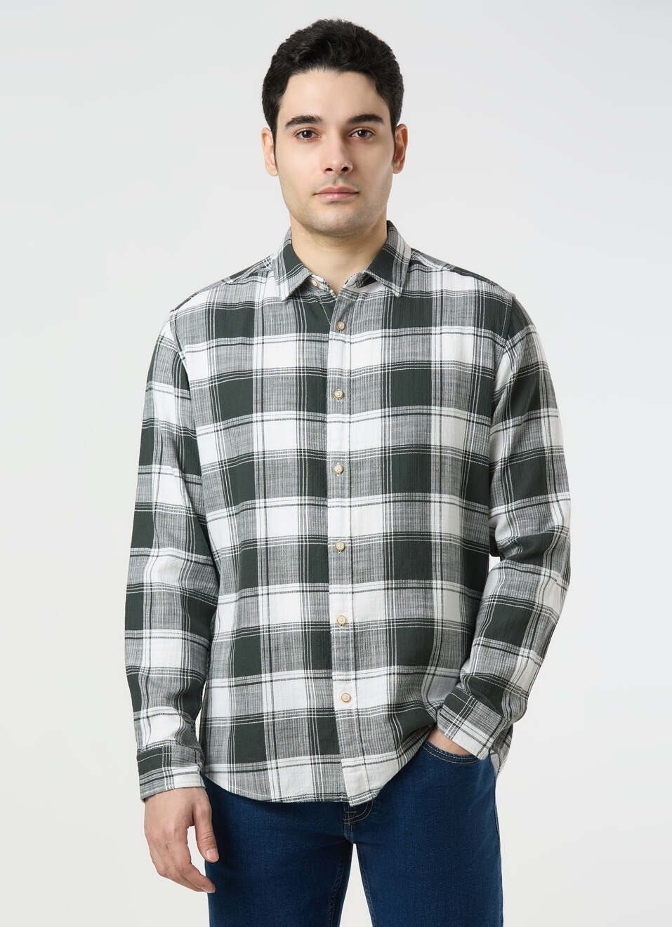 Men Dark Green Checked Shirt, , large image number 1