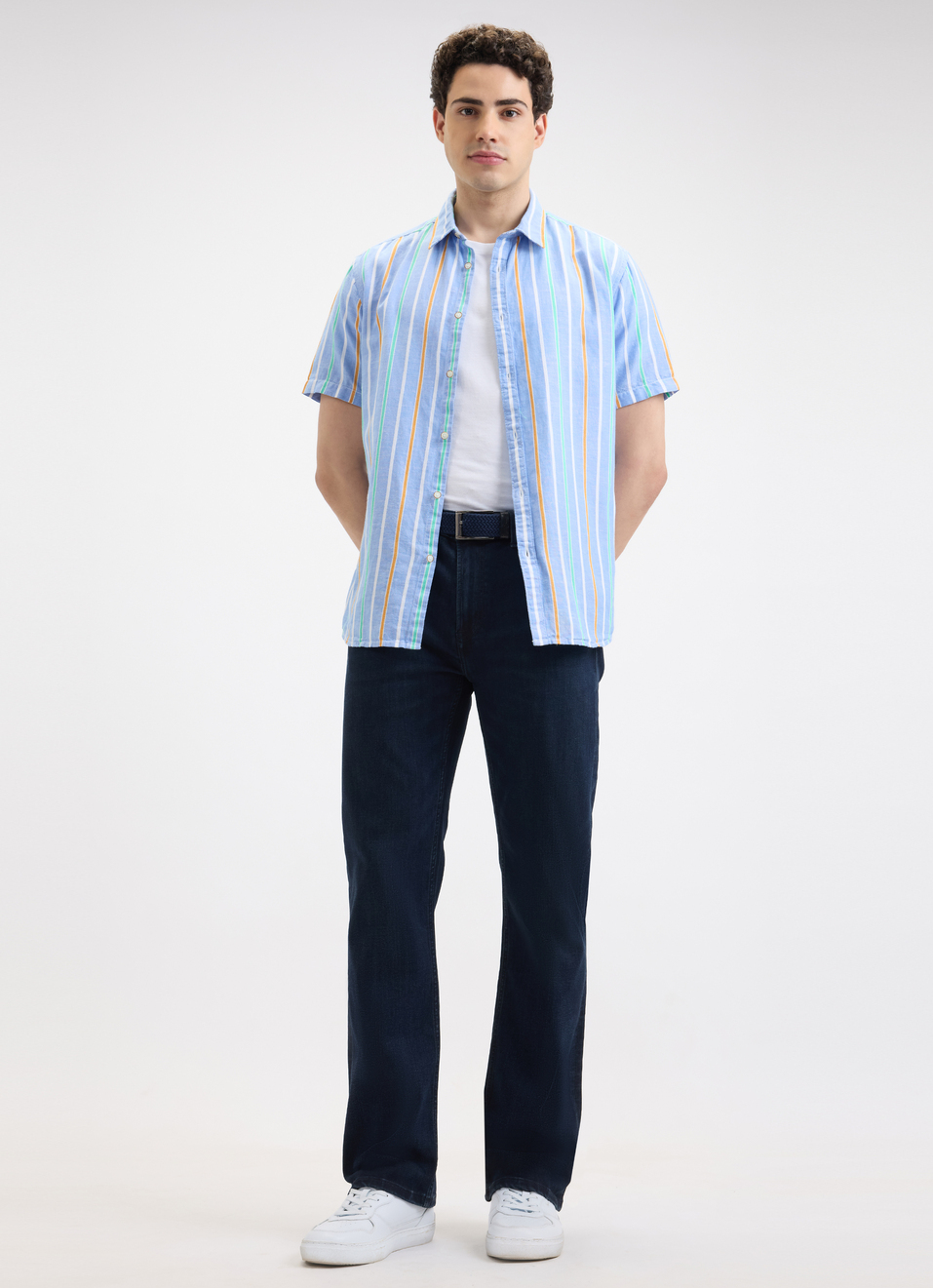 Men Blue Stripe Short Sleeve Shirt, , large image number 5