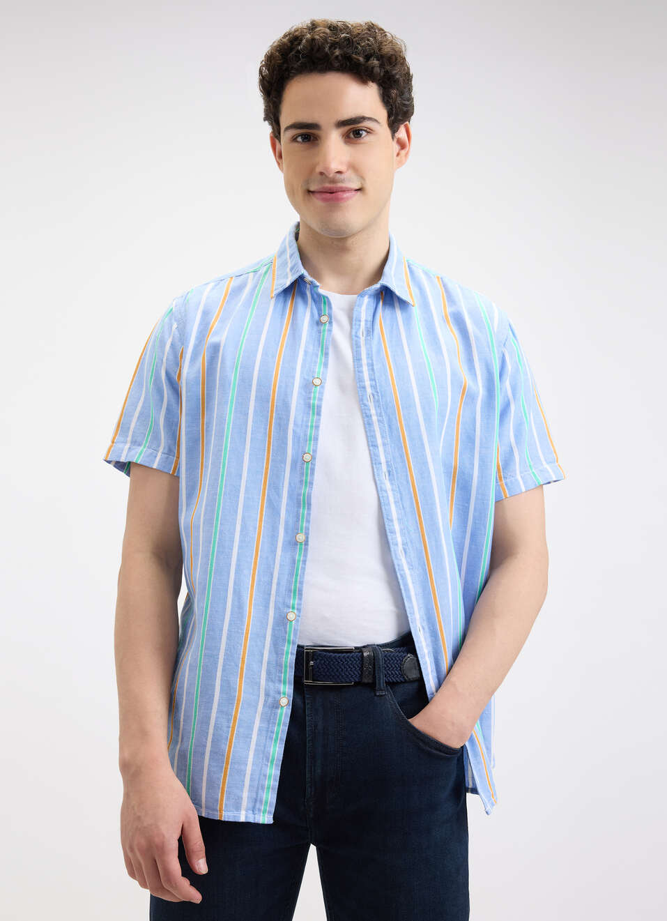 Men Blue Stripe Short Sleeve Shirt, , large image number 0