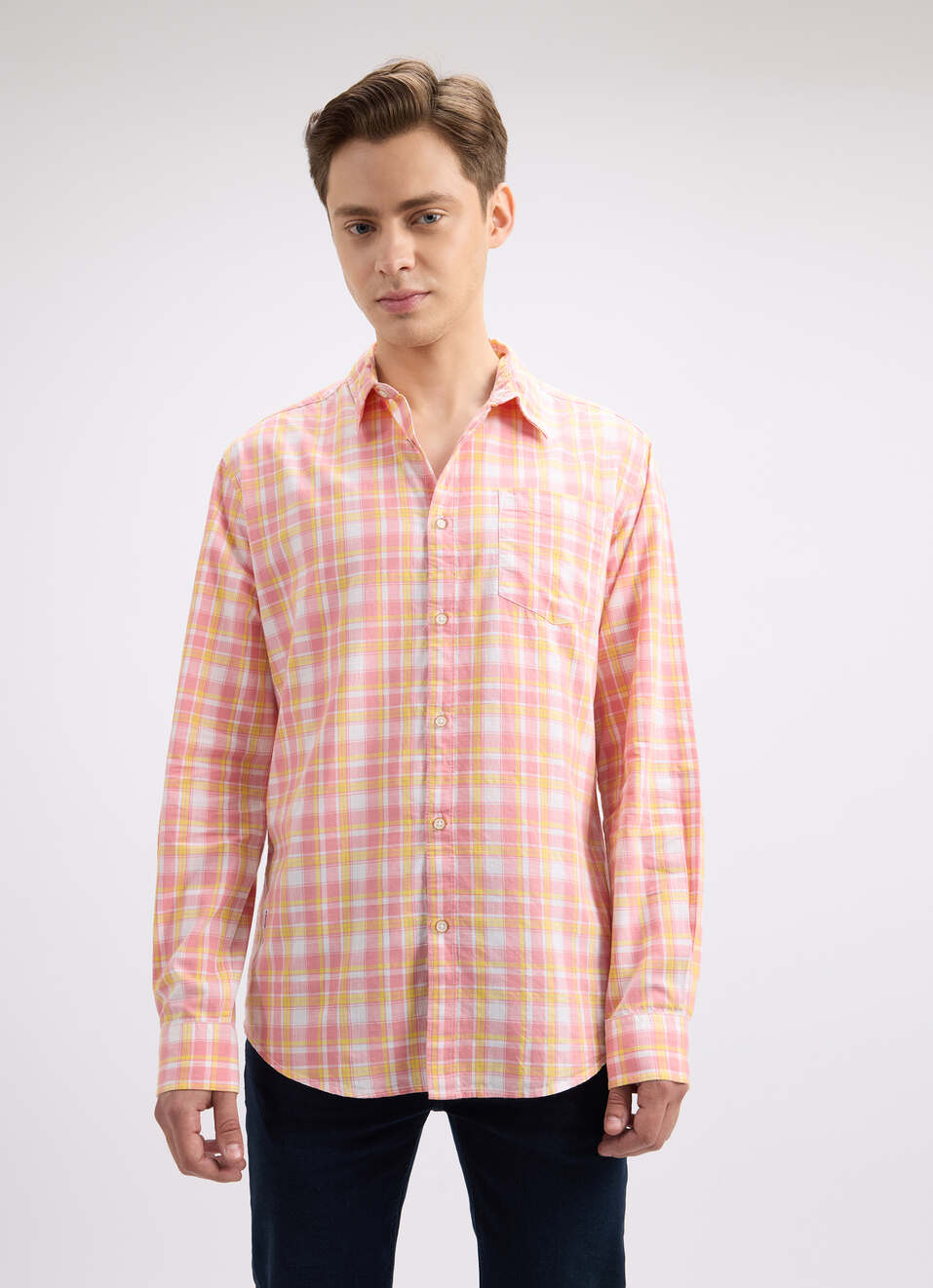 Men Peach Check Full Sleeve Shirt, , large image number 1